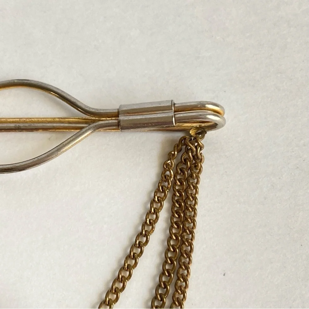 Vintage 60s Cowboy Boot Tie Bar Clip Western Gold Tone‎ Chain Carved Wood Spur